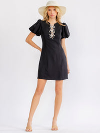 WOMEN'S SHORT PUFF SLEEVE FLOWER DETAILED BODYCON MINI DRESS