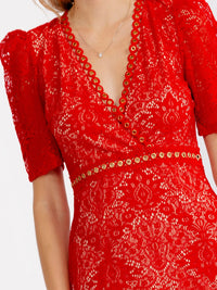 JUST ME WOMEN'S SHORT PUFF SLEEVE V-NECK OPEN BACK BODYCON LACE MINI DRESS