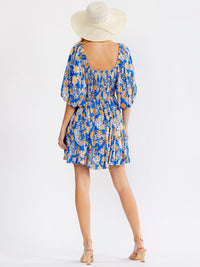 WOMEN'S SHORT SLEEVE V-NECK SMOCK WAIST TIERED FLORAL MINI DRESS