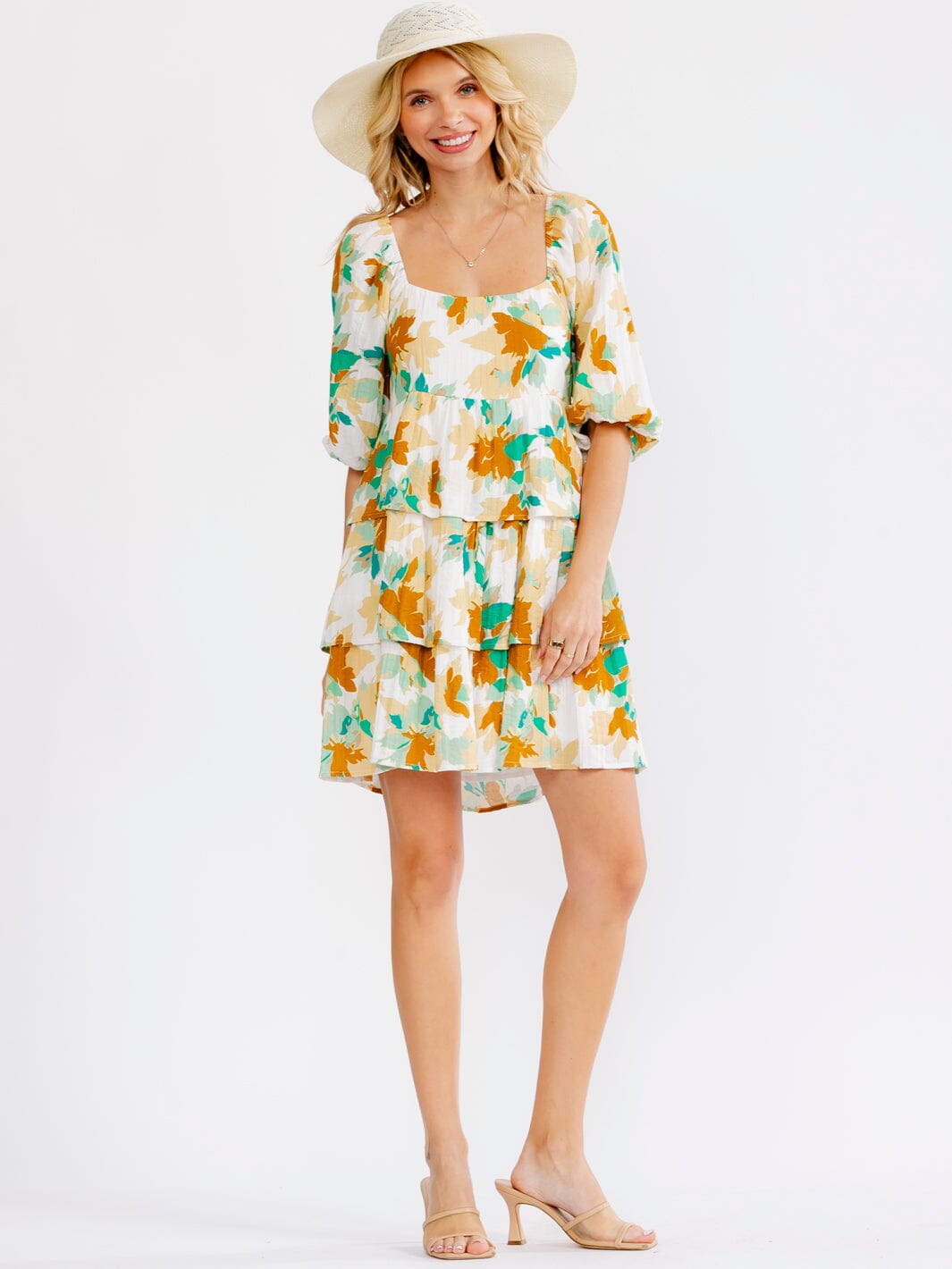 WOMEN'S SHORT PUFF SLEEVE SQUARE NECK SMOCK RUFFLE TIERED FLORAL MINI DRESS GREEN / 3S-2M-1L