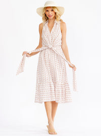 WOMEN'S SLEEVELESS V-NECK FRONT KNOT MULTI PRINT MIDI DRESS