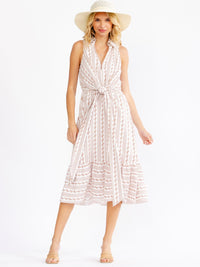 WOMEN'S SLEEVELESS V-NECK FRONT KNOT MULTI PRINT MIDI DRESS