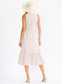 WOMEN'S SLEEVELESS V-NECK FRONT KNOT MULTI PRINT MIDI DRESS