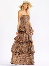 WOMEN'S SLEEVELESS RUFFLE TIERED ANIMAL PRINT TUBE MAXI DRESS
