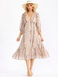 WOMEN'S 3/4 V-NECK ELASTIC WAIST MULTI PRINT MIDI DRESS