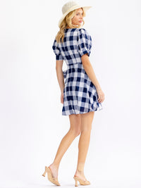 JUST ME WOMEN'S 3/4 PUFF SLEEVE FRONT POCKETS SMOCK FIT & FLARE FLORAL MINI DRESS (Copy)