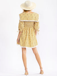 JUST ME WOMEN'S 3/4 PUFF SLEEVE FRONT POCKETS SMOCK FIT & FLARE FLORAL MINI DRESS
