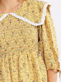 JUST ME WOMEN'S 3/4 PUFF SLEEVE FRONT POCKETS SMOCK FIT & FLARE FLORAL MINI DRESS