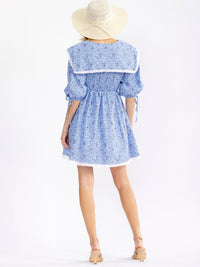 JUST ME WOMEN'S 3/4 PUFF SLEEVE FRONT POCKETS SMOCK FIT & FLARE FLORAL MINI DRESS