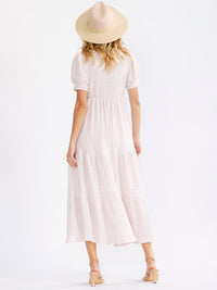 WOMEN'S SHORT SLEEVE FRONT POCKETS PARIS TEXTURE TIERED MAXI DRESS