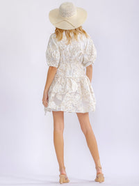 JUST ME WOMEN'S SHORT PUFF SLEEVE SHIMMER DETAILED WRAP MINI DRESS