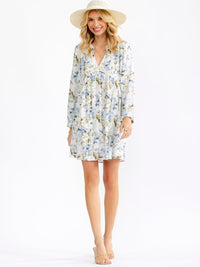 WOMEN'S LONG SLEEVE V-NECK LOOSE FIT FLORAL MINI DRESS