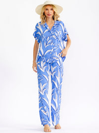 WOMEN'S SHORT SLEEVE BLOUSE & ELASTIC WAIST PANTS LEAF PRINT 2PC. SET