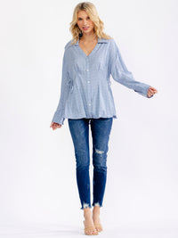 WOMEN'S LONG SLEEVE V-NECK BUTTON UP ADJUSTABLE WAIST BLOUSE