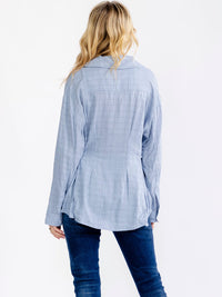 WOMEN'S LONG SLEEVE V-NECK BUTTON UP ADJUSTABLE WAIST BLOUSE
