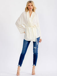 WOMEN'S LONG SLEEVE FROT POCKETS SELF TIE WRAP BLOUSE