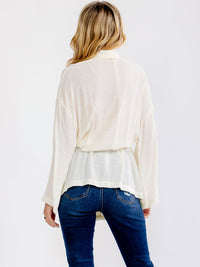 WOMEN'S LONG SLEEVE FROT POCKETS SELF TIE WRAP BLOUSE