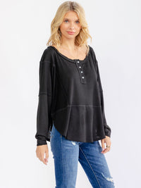 WOMEN'S LONG SLEEVE BUTTON UP HIGH-LOW OVERSIZED WAFFLE TOP