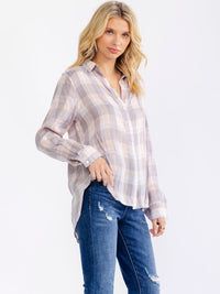 WOMEN'S LONG SLEEVE V-NECK BUTTON UP HIGH-LOW PLAID SHIRTS