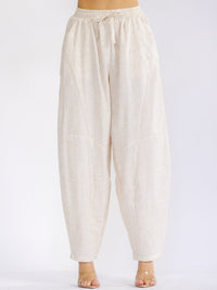 WOMEN'S ELASTIC WAIST FRONT POCKETS STRAIGHT LEG LINEN PANTS