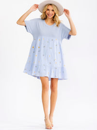 WOMEN'S SHORT SLEEVE FLORAL EMBROIDERY LOOSE FIT MINI DRESS