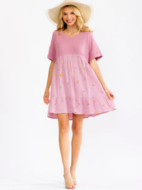 WOMEN'S SHORT SLEEVE FLORAL EMBROIDERY LOOSE FIT MINI DRESS