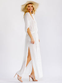 WOMEN'S SHORT SLEEVE V-NECK ELASTIC WAIST SIDE SLIT CROCHET TRIM MAXI DRESS