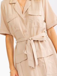 WOMEN'S SHORT SLEEVE BUTTON UP SELF TIE POCKETS MIDI DRESS