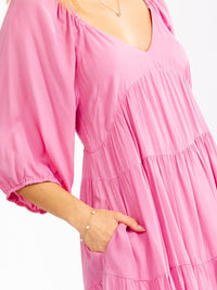 WOMEN'S SHORT SLEEVE V-NECK FRONT POCKETS TIERED TUNIC MINI DRESS