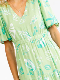WOMEN'S SHORT SLEEVE V-NECK ELASTIC WAIST MULTI PRINT MAXI DRESS