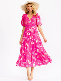 WOMEN'S SHORT SLEEVE V-NECK ELASTIC WAIST MULTI PRINT MAXI DRESS