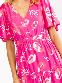 WOMEN'S SHORT SLEEVE V-NECK ELASTIC WAIST MULTI PRINT MAXI DRESS