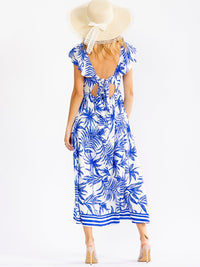 WOMEN'S RUFFLE SLEEVE V-NECK OPEN BACK ELASTIC WAIST LEAF PRINT MAXI DRESS