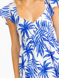 WOMEN'S RUFFLE SLEEVE V-NECK OPEN BACK ELASTIC WAIST LEAF PRINT MAXI DRESS