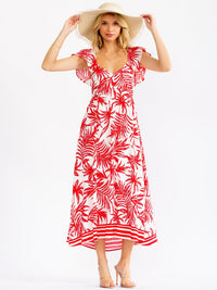 WOMEN'S RUFFLE SLEEVE V-NECK OPEN BACK ELASTIC WAIST LEAF PRINT MAXI DRESS