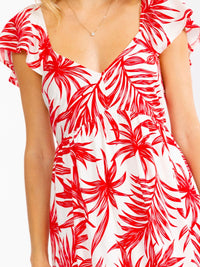 WOMEN'S RUFFLE SLEEVE V-NECK OPEN BACK ELASTIC WAIST LEAF PRINT MAXI DRESS