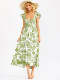 WOMEN'S RUFFLE SLEEVE V-NECK OPEN BACK ELASTIC WAIST LEAF PRINT MAXI DRESS