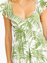 WOMEN'S RUFFLE SLEEVE V-NECK OPEN BACK ELASTIC WAIST LEAF PRINT MAXI DRESS