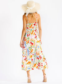 WOMEN'S SLEEVELESS V-NECK BUTTON UP ELASTIC WAIST MULTI PRINT MAXI DRESS