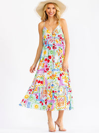 WOMEN'S SLEEVELESS V-NECK BUTTON UP ELASTIC WAIST MULTI PRINT MAXI DRESS
