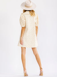 WOMEN'S SHORT PUFF SLEEVE BUTTON UP FLORAL DENIM LOOSE FIT MINI DRESS