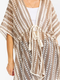 WOMEN'S SHORT SLEEVE OPEN FRONT ADJUSTABLE WAIST CROCHET KIMONO