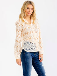 WOMEN'S LONG SLEEVE V-NECK BUTTON UP CROCHET BLOUSE
