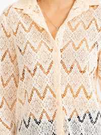 WOMEN'S LONG SLEEVE V-NECK BUTTON UP CROCHET BLOUSE