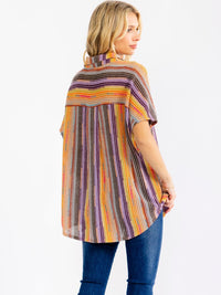 WOMEN'S SHORT SLEEVE V-NECK BUTTON UP FRONT POCKET MULTI KNIT BLOUSE