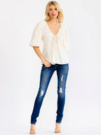 WOMEN'S SHORT PUFF SLEEVE V-NECK OPEN BACK FLORAL BLOUSE