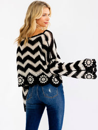 WOMEN'S LONG BELL SLEEVE COLORBLOCK CROCHET PULLOVER TOP