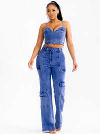 WOMEN'S SLEEVELESS CROP TOP & BUTTON CLOSURE PANTS STRETCH DENIM 2PC. SET