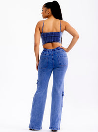WOMEN'S SLEEVELESS CROP TOP & BUTTON CLOSURE PANTS STRETCH DENIM 2PC. SET