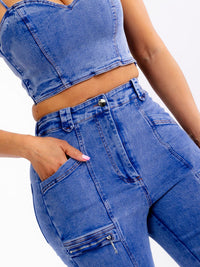 WOMEN'S SLEEVELESS CROP TOP & BUTTON CLOSURE PANTS STRETCH DENIM 2PC. SET